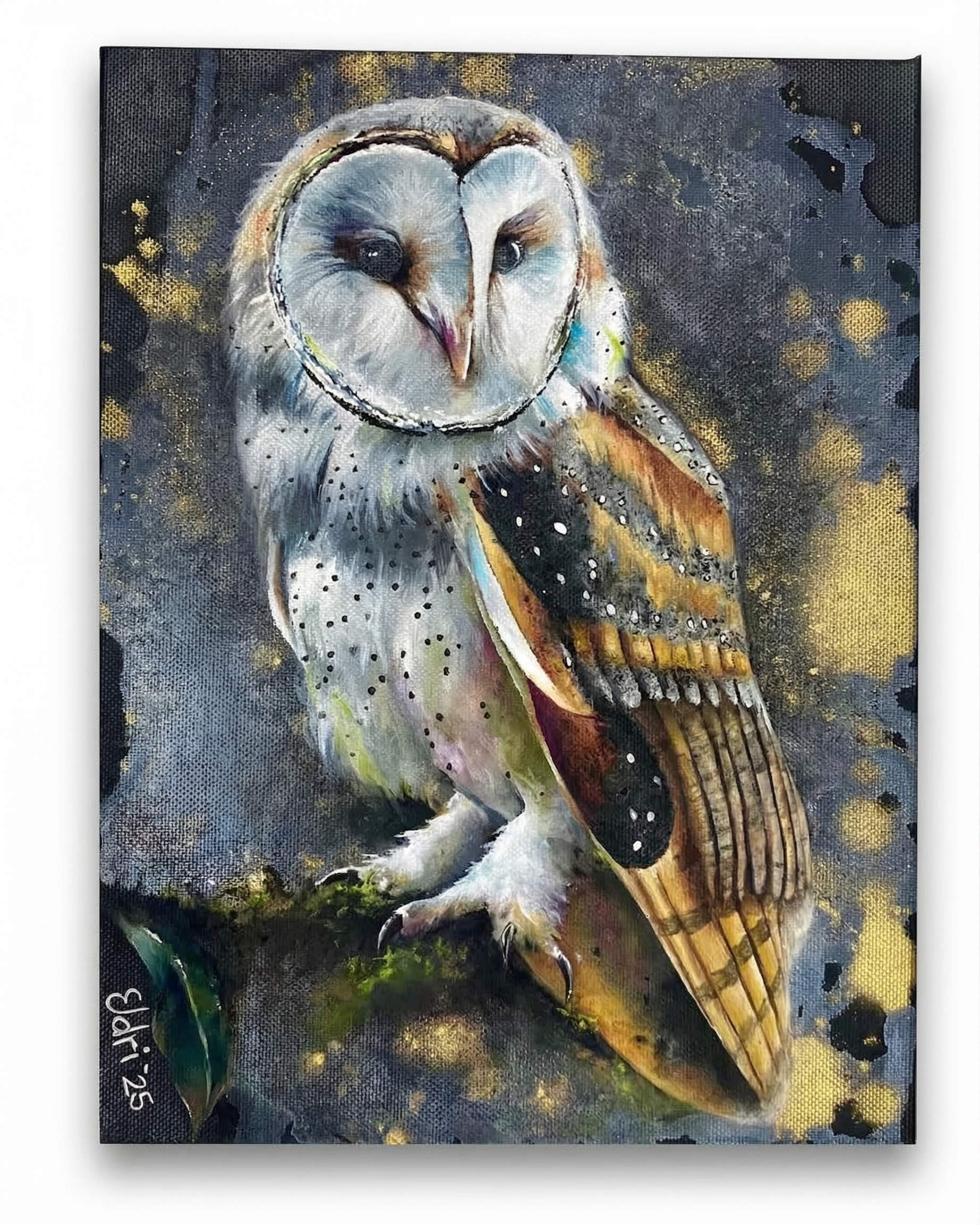 Mystical barn owl on branch with gold leaf accents