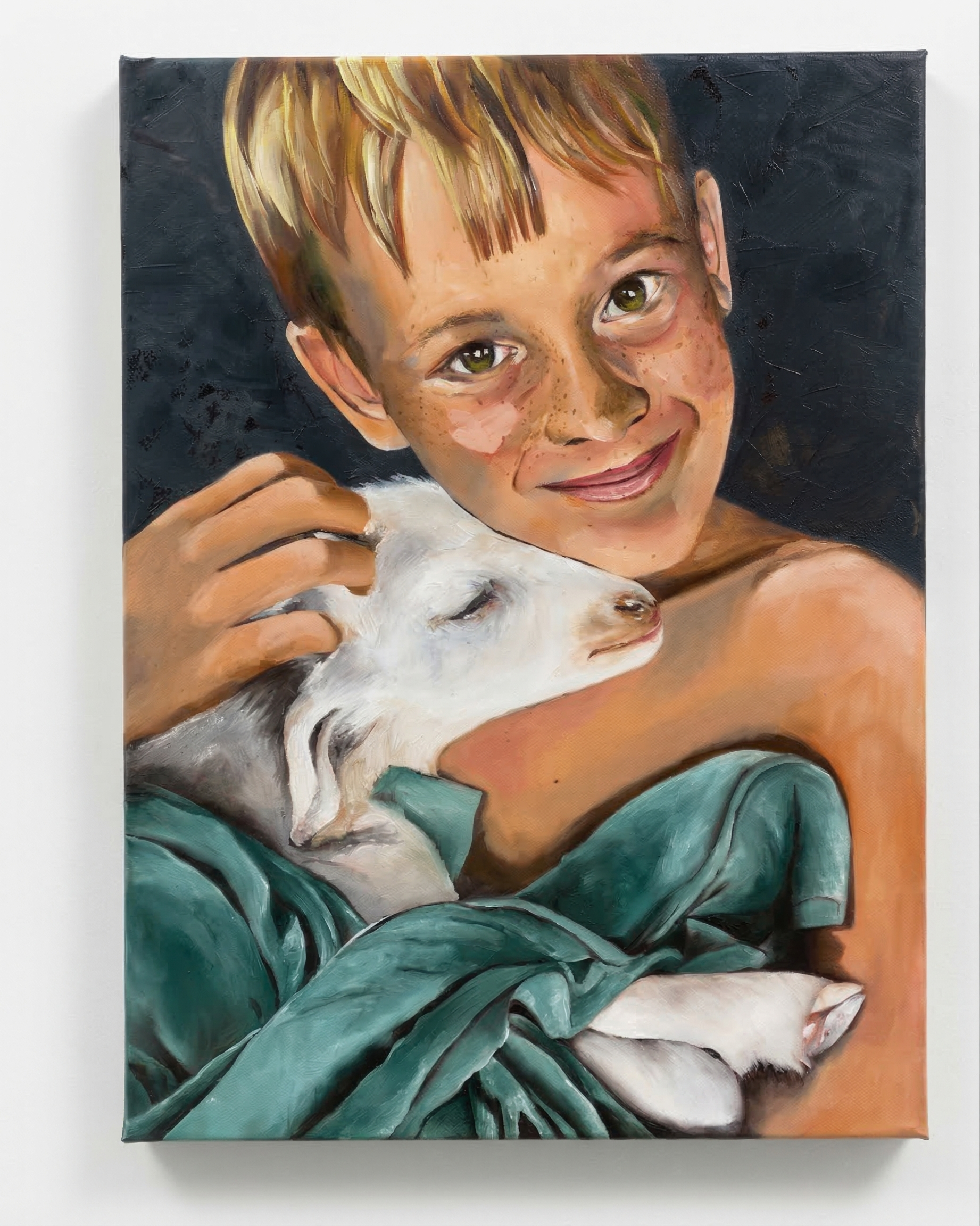 Intimate portrait of boy with baby goat, classical style