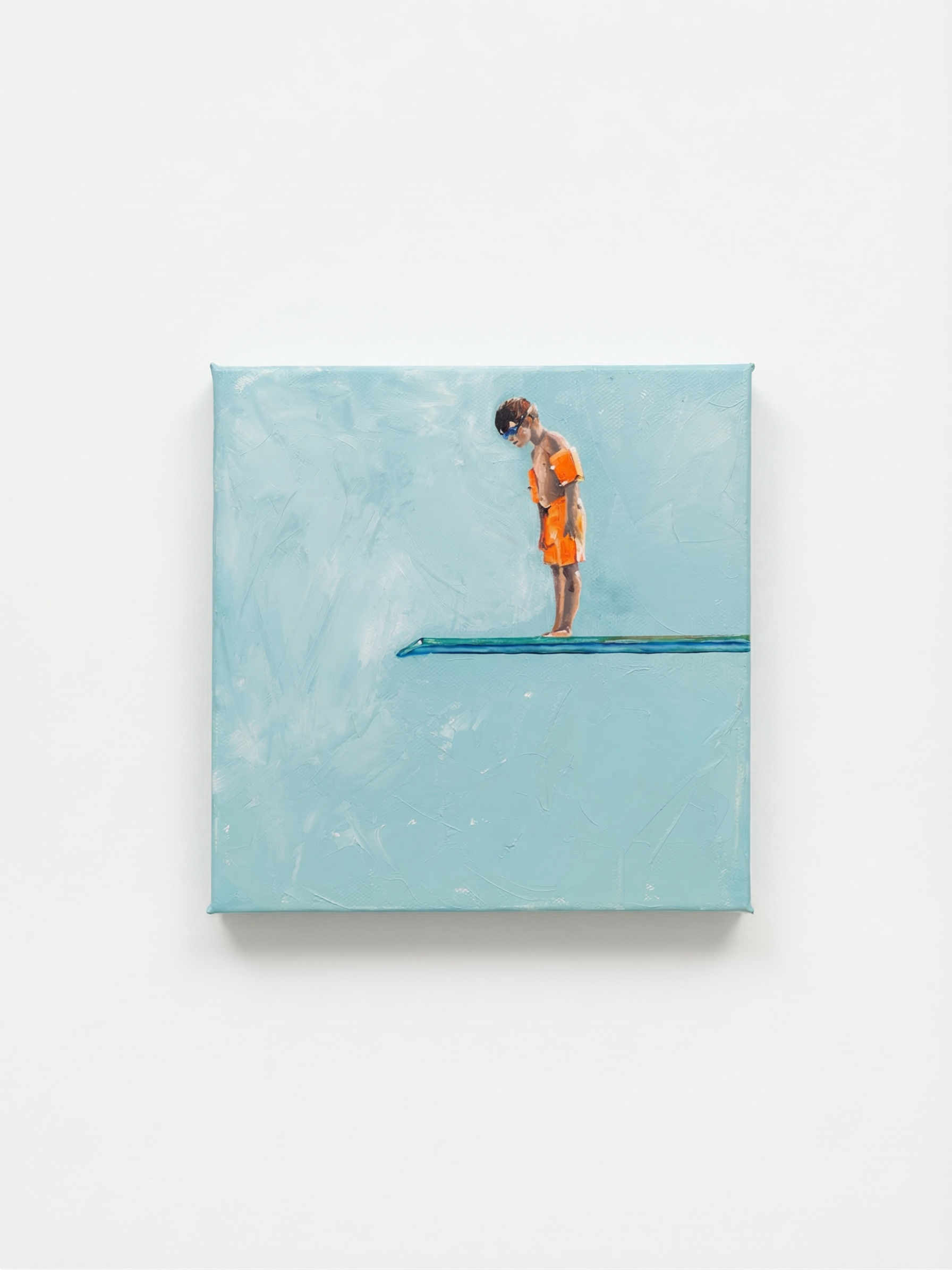 Minimalist painting of boy on diving board, capturing anticipation