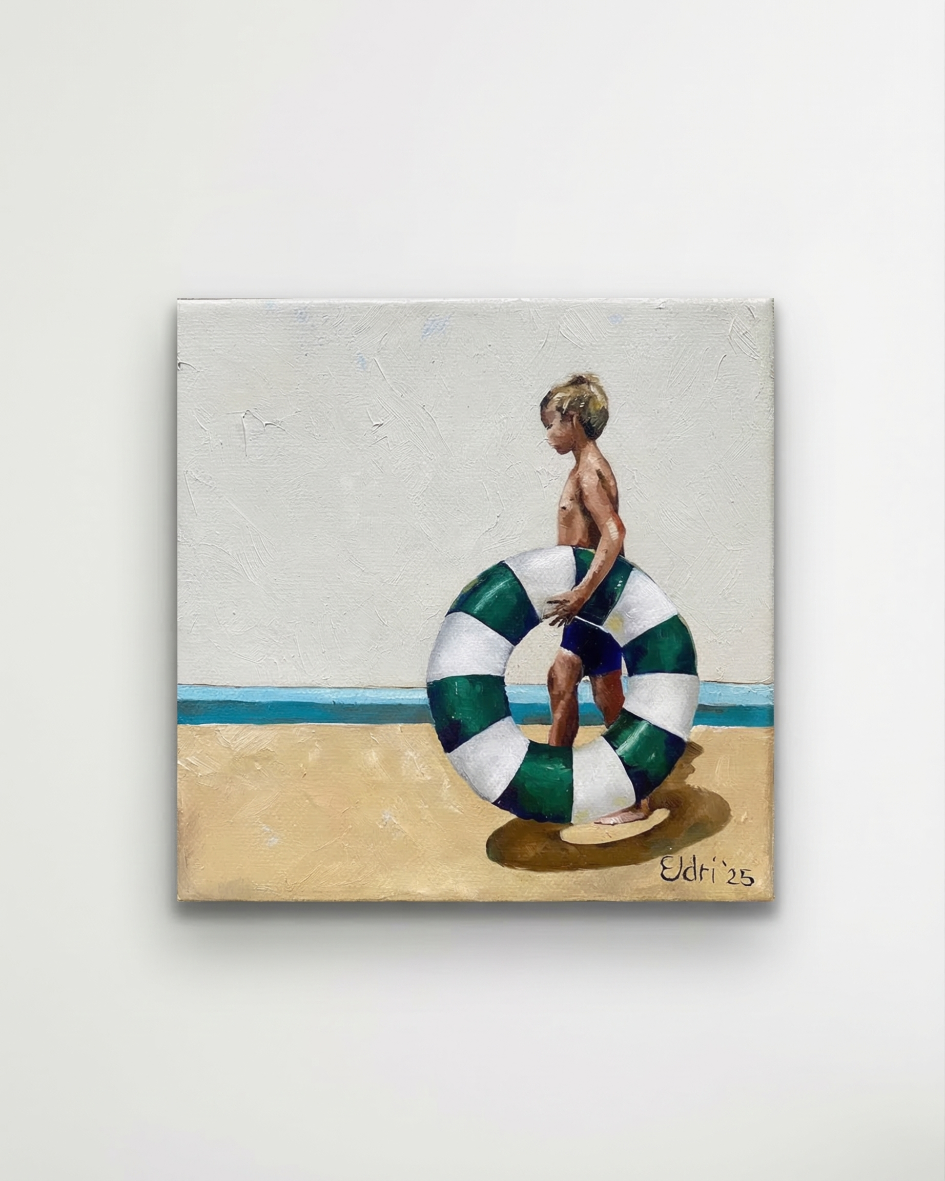 Boy with striped pool ring, nostalgic summer painting