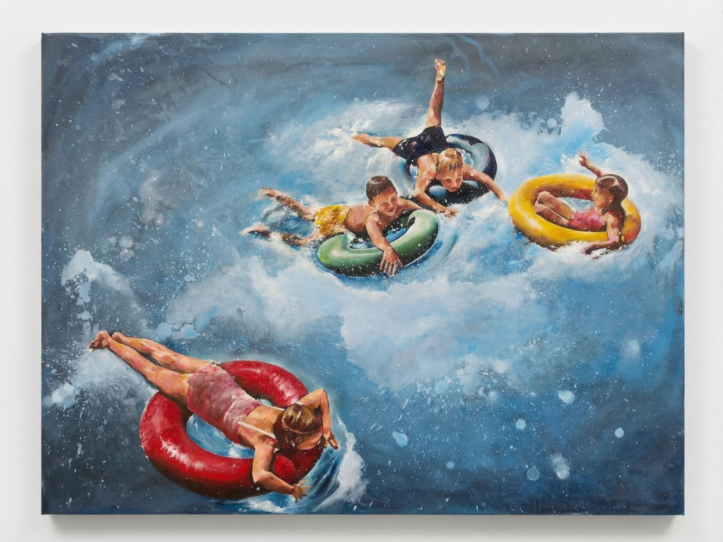 Children in inflatable rings, aerial ocean view, summer energy