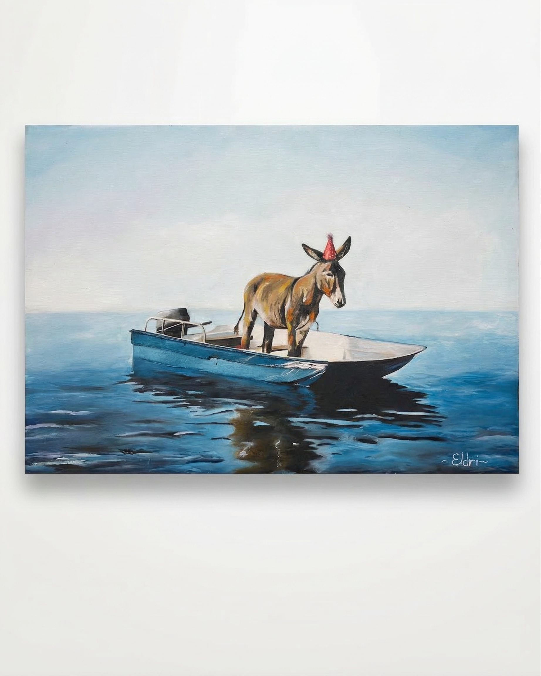 Surreal painting of donkey with party hat in blue boat