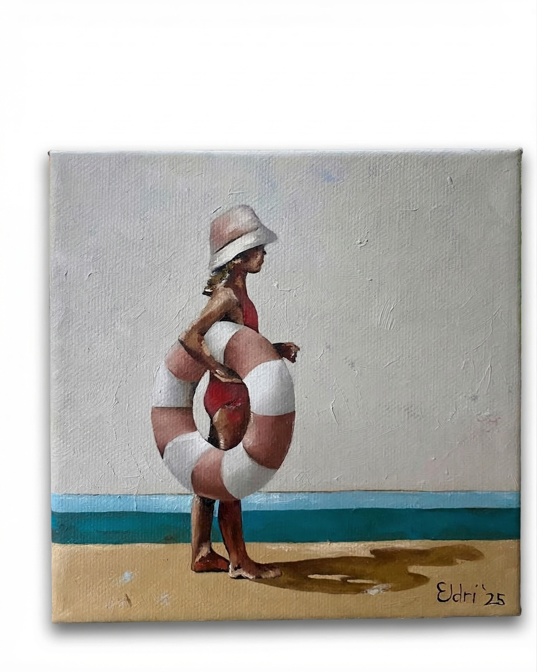 Girl with pool ring and bucket hat, nostalgic companion piece