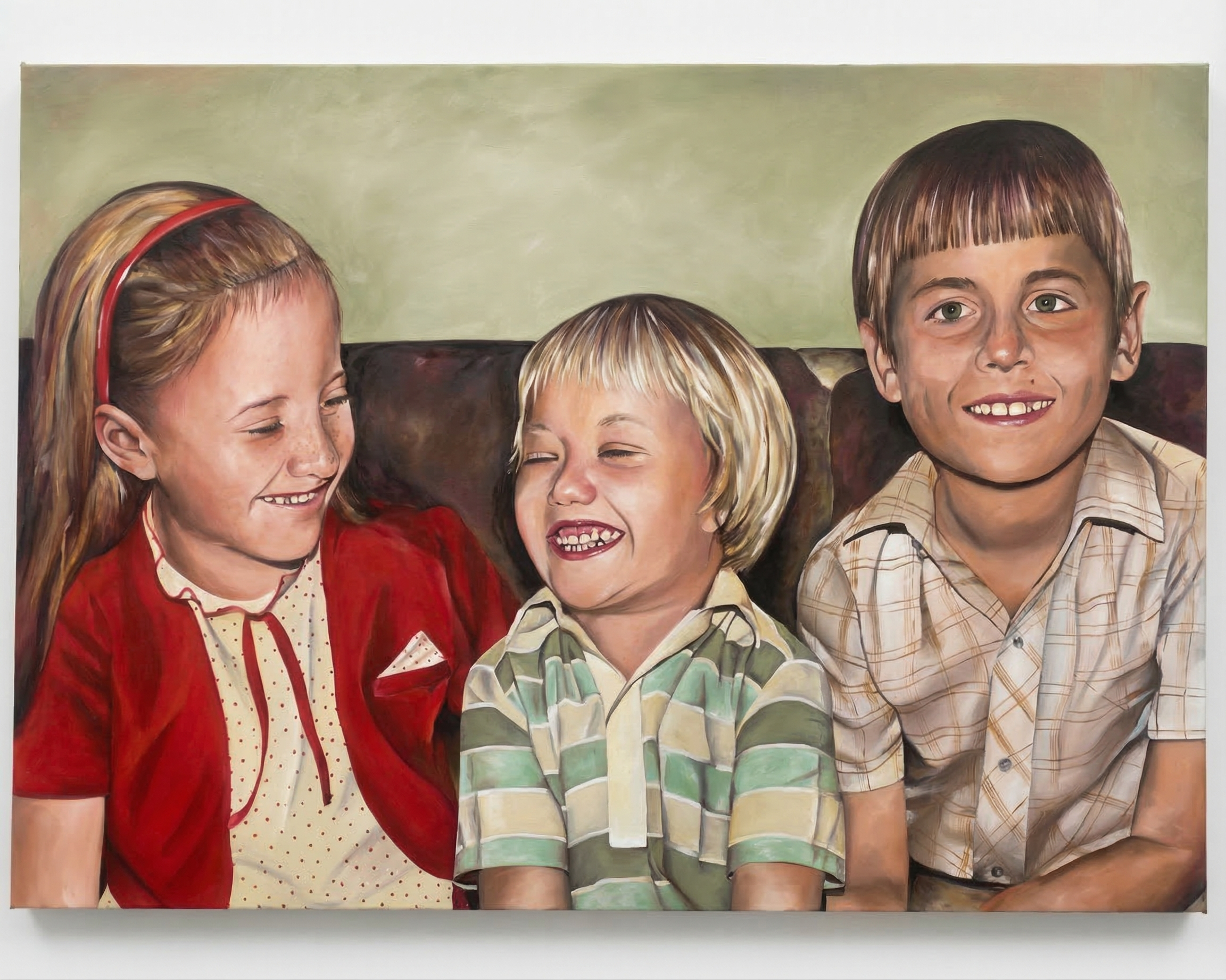 Group portrait of three laughing children, nostalgic 70s 80s feel